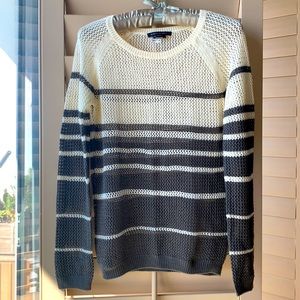 BCBG sexy loose knit crochet striped sweater. EUC cream and warm gray/cool brown